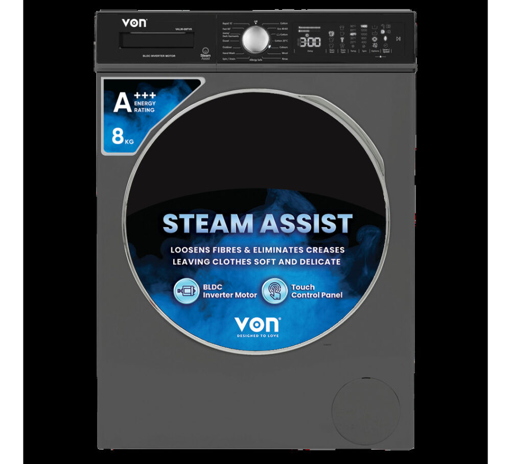 Von VALW-08FVK Front Load Washing Machine Silver - 8KG
